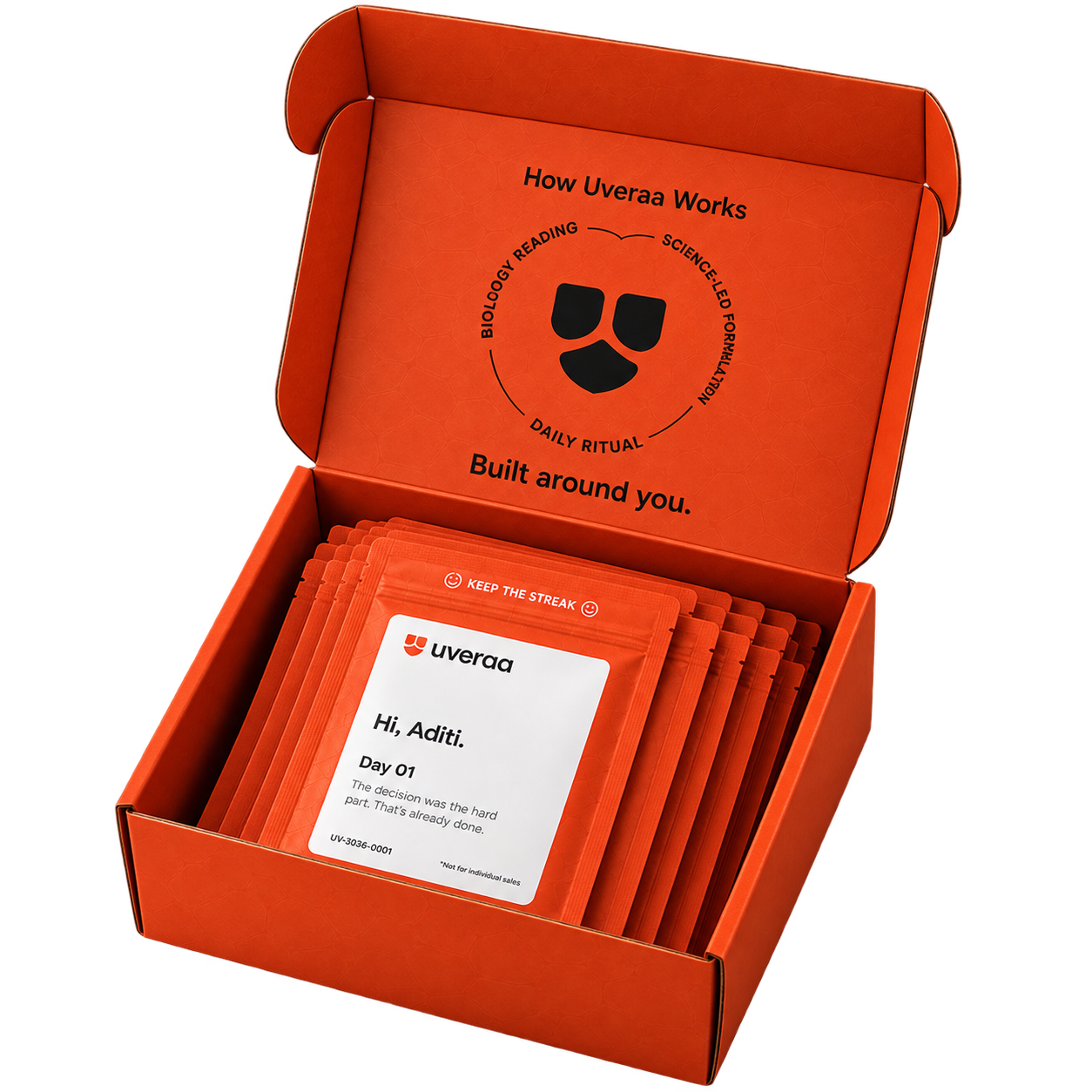 Uveraa orange kit box open, showing personalized daily sachets and 'Built around you' printed inside the lid