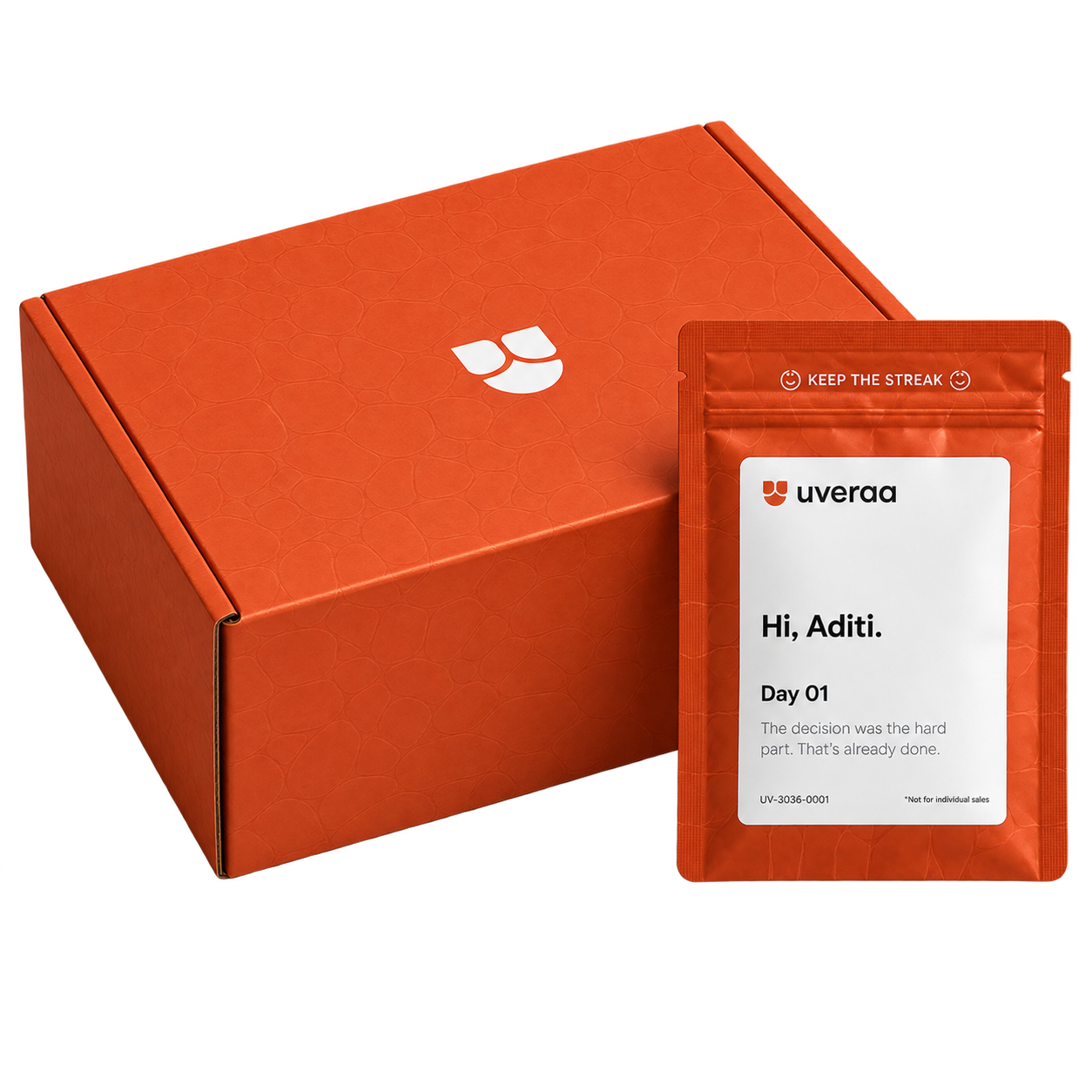 Uveraa orange kit box with a personalized daily sachet reading Day 01