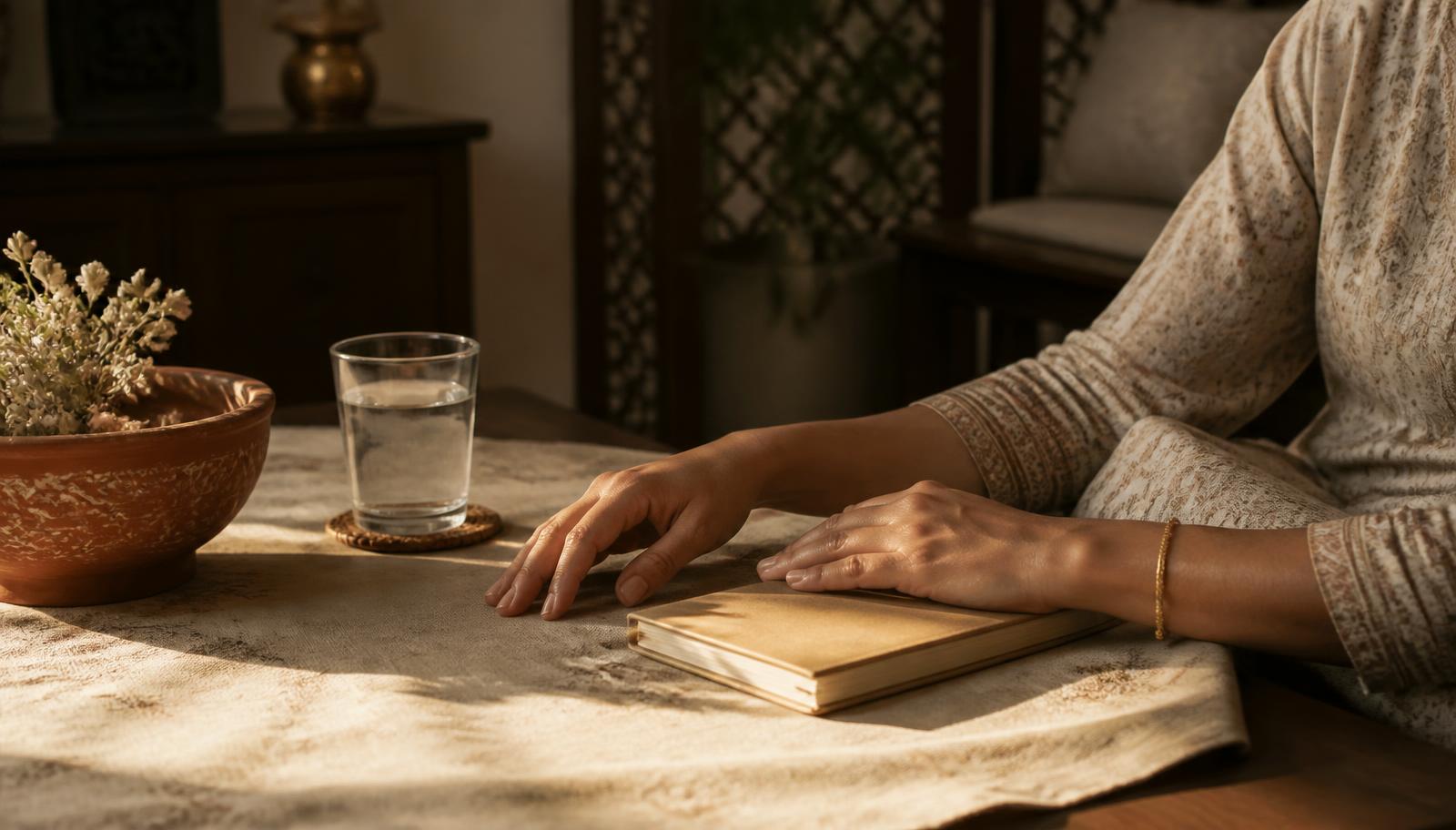 Hands resting calmly on a sunlit wooden table beside a glass of water and a notebook