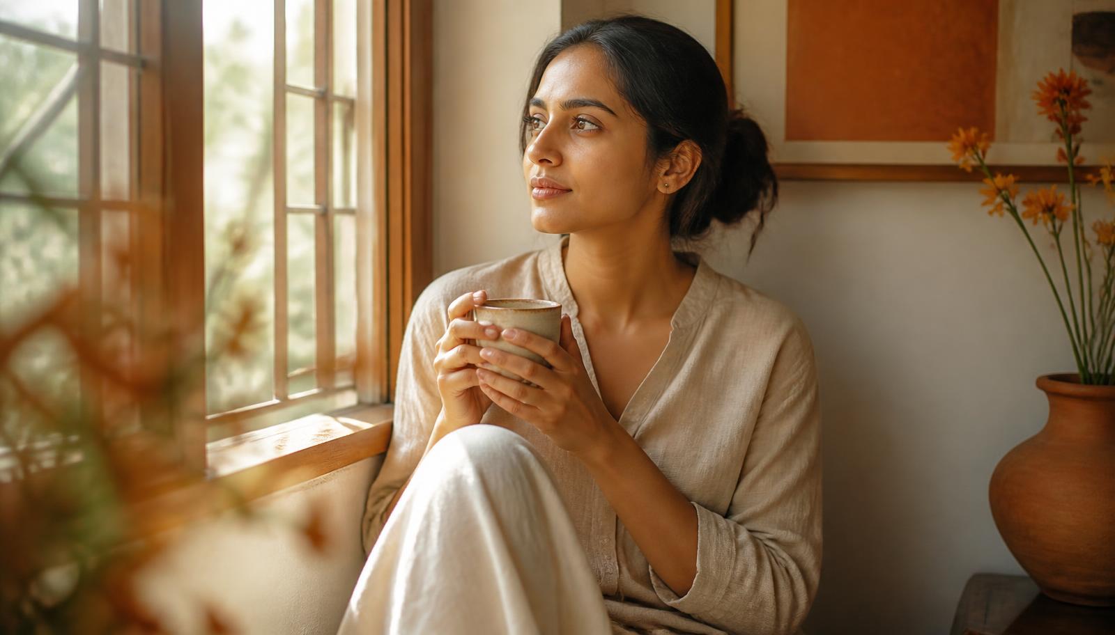 A woman sitting by a sunlit window at home with a warm cup of tea, calm and rested
