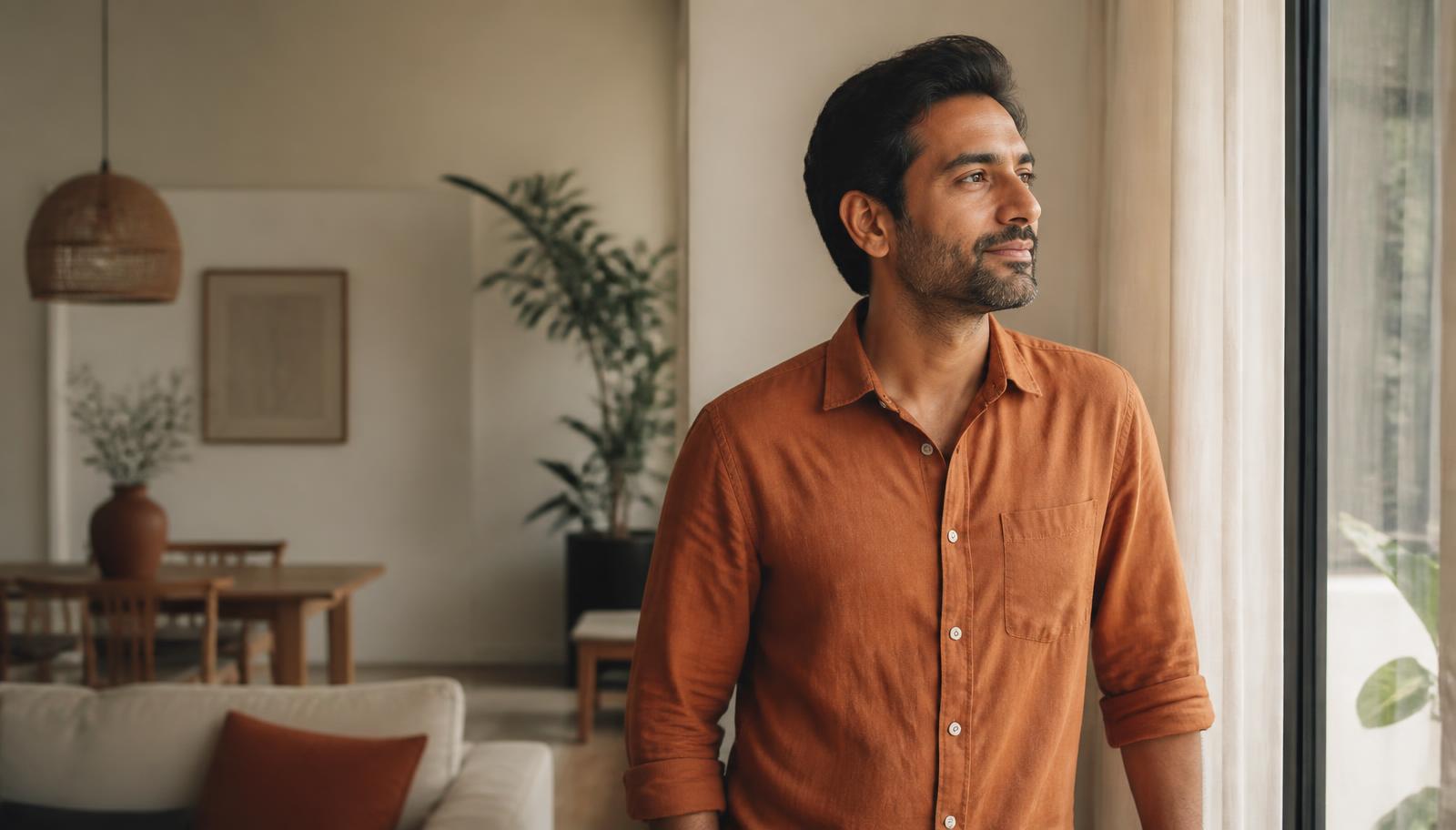A relaxed professional standing by a bright window in a warm, minimal Indian home